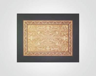 Framed decorative wood inlay panel with scrolling floral motifs